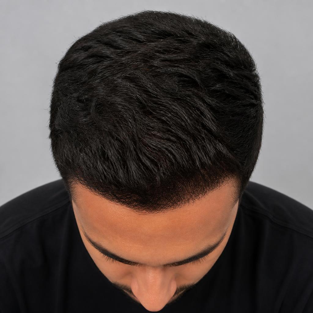 AI hair transplant simulation: the same scalp with restored, denser hair coverage