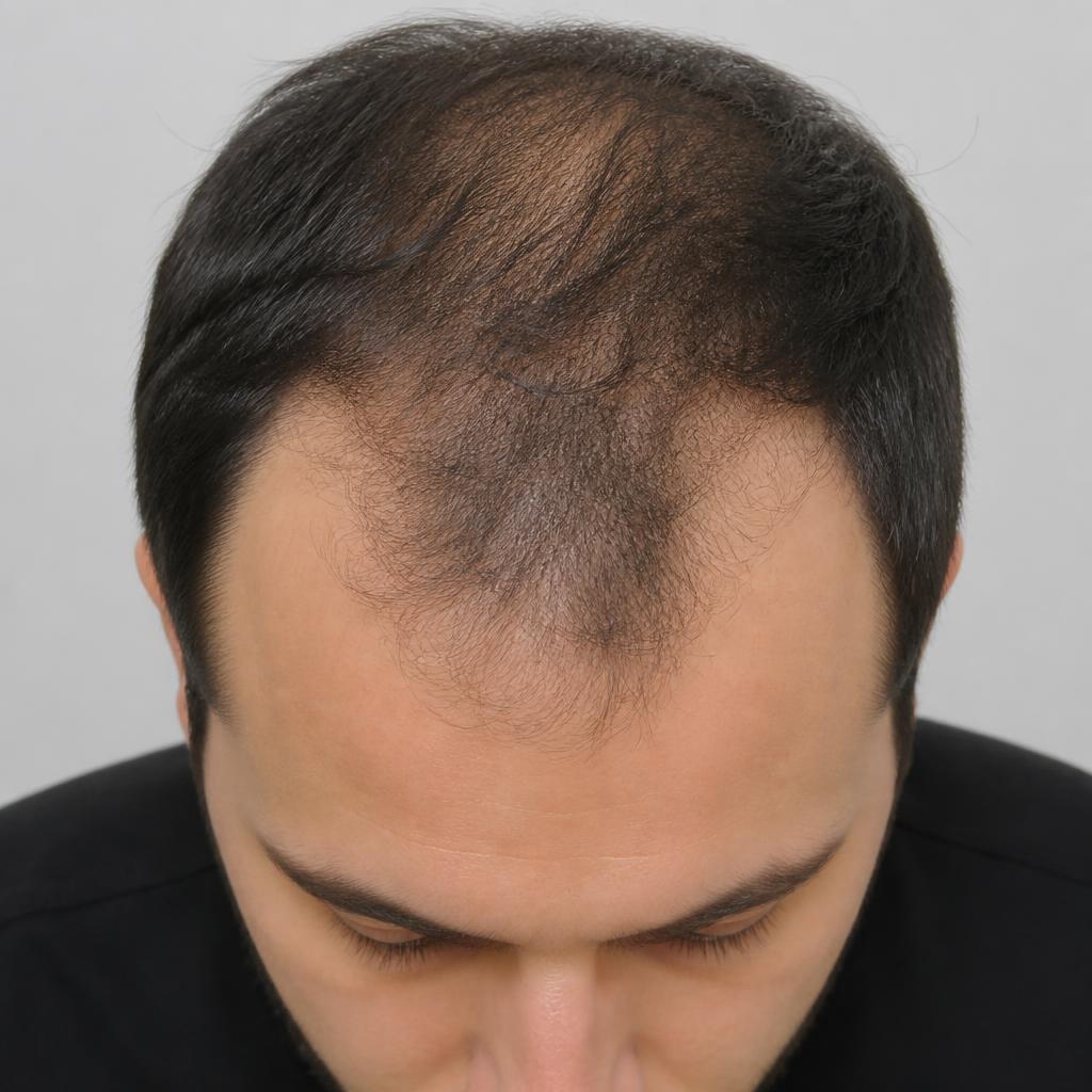 Before photo: scalp with visible thinning at the hairline and crown